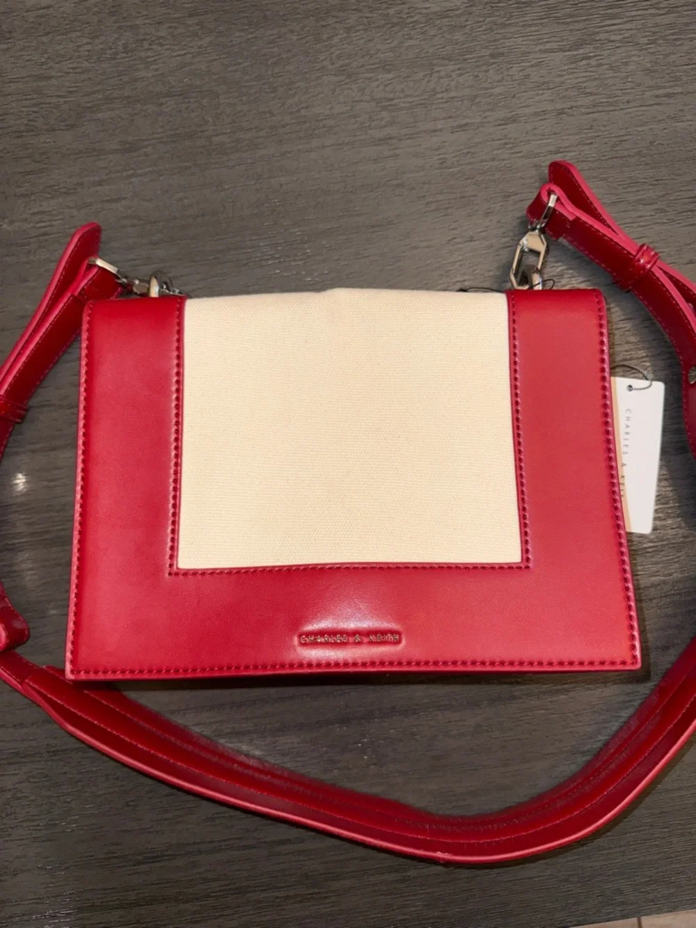 Charles & Keith Red and‎ Cream Canvas NWT Crossbody Bag Medium